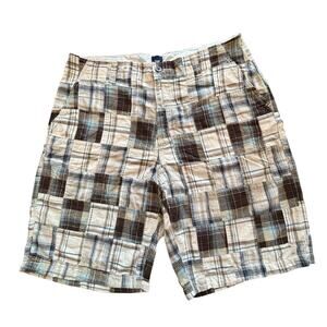 Gap 2011 Madras Patchwork Plaid Shorts Sz 38 Khaki Brown Blue 11” Inseam Preppy